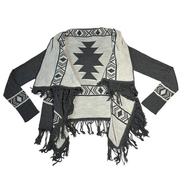 Women's Aztec Print Open Front Cardigan With Fringe Trim Size Small Boho Casual - Picture 1 of 7